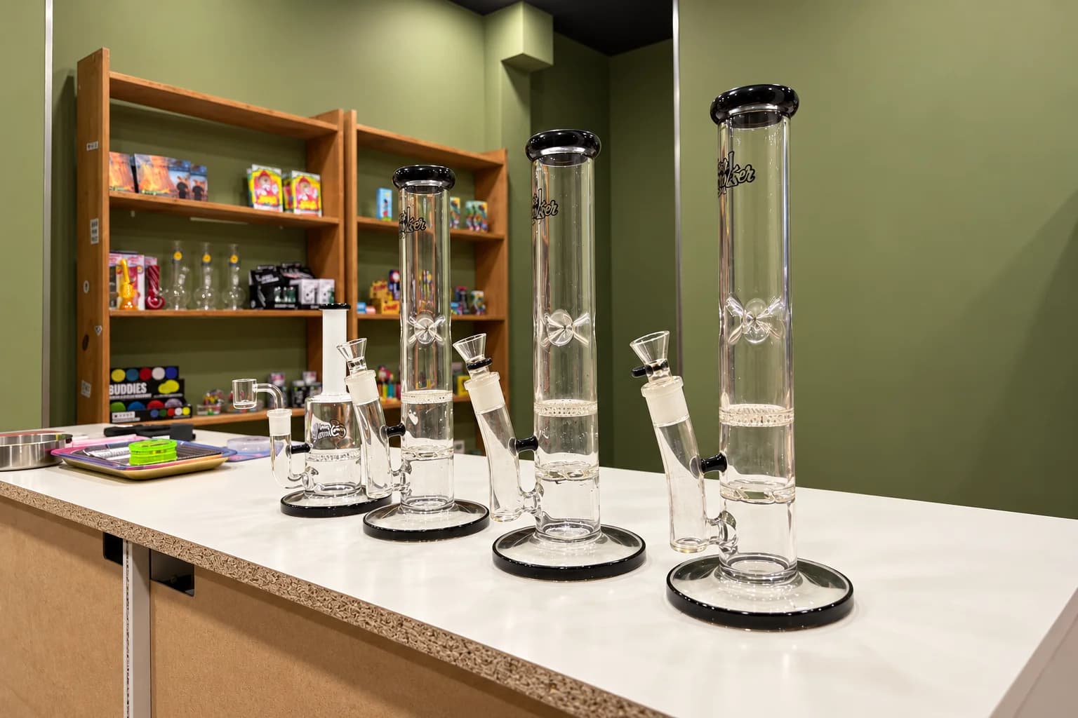 Glass pieces displayed on the white counter at Weed Club Chueca